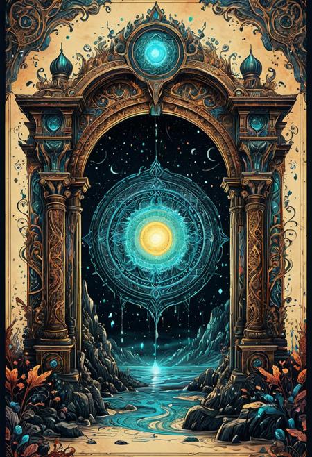 Finely detailed vector illustration, portal to another dimension, ultra realistic quality, hyperdetailed, intricately detailed, fantastical, intricate detail, splash screen, dramatic colors, fantasy concept art, 8k resolution, masterpiece, ink on old parchment, faded colours, magical glow, calligraphy,