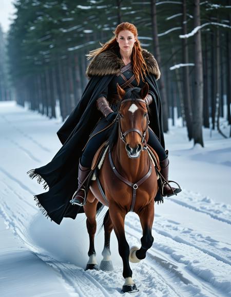 RAW full body image of a gorgeous 25 years old Gorgeous Viking Woman auburn haired, hair in a ponytail, <lora:NordicByNature:0.8>,Snow,Cloaked Warrior, A Viking woman riding a horse through deep snow, her fur,trimmed cloak billowing as she races toward battle.,low light, soft natural light, Rembrandt style light, Hasselblad DLSR camera, 200mm Zeiss lens, f/2.8 clear focus, high resolution image, ,Sexy pose, erotic pose, exhibitionism, ,futuristic skatepark in zero gravity