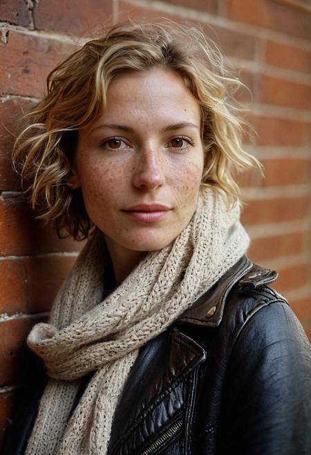 Stunning 35mm photo of a 42 years old Dutch woman, ((fluffy sweater)), ((long leather jacket)), ((scarf)), ((beany)), very pretty, fit, skinny, highly detailed face, highly detailed skin, freckles, many freckles on arms and tits, freckles and moles all over body, natural breasts, perfect breasts, hard nipples, Rounded ass, blonde hair, pubic hair, short hair, messy hair, medium hair, brown eyes, highly detailed skin, highly detailed face, in love, happy, detailed pupils, leaning against a tumbledown wall, autumn, clearly in love with viewer, foggy light, perfect light, soft natural light, Rembrandt style light, made with a Hasselblad camera, 35mm, film grain, masterpiece, sharp focus, shot on Kodak, lens flare, cinematic, (ultra high res: 1.2), (photo-realistic: 1.3) (skin pores: 1.1)