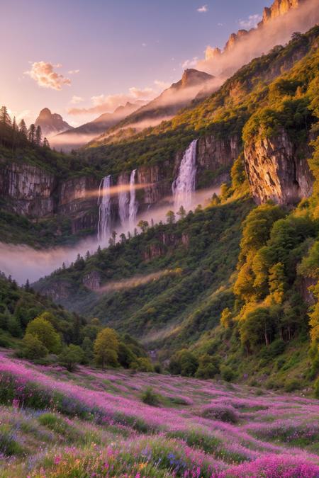beautiful mountain valley covered in vibrant pink and purple wildflowers, towering peaks in the background, soft golden sunlight touching the flowers, mist rising from distant waterfalls, cinematic wide landscape shot, vivid natural colors, peaceful and untouched paradise