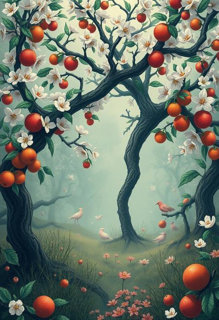 A magical orchard where fruit trees bloom with tiny,  mythical creatures, magical, high resolution, unsettling illusion, dreamlike realm, tranquility and nobility,minimalist art, ornate ,a dryad with oddly colored eyes., commanding yet elegant