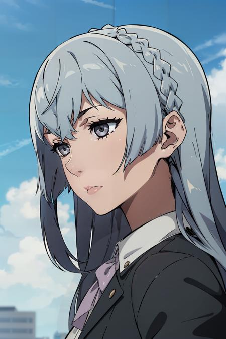 <lora:norikokiznaiver:0.6> norikokiznaiver, solo, 1girl, grey_eyes, braid, from side, sky, looking away, grey eyes, expressionless, long_hair, jacket,