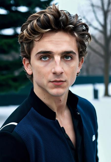 Ultra-detail, (highres:1.1), best quality, (masterpiece:1.3), Ultra Realistic cinematic Photo, dynamic posture posing in snowy park, Timothe Chalamet a man <lora:Timothe-Chalamet:1>, from side, walking, fitness champion, handsome Mr. World, perfectly shaped, symmetrical muscled body with six-pack abs, pecs, biceps, thin waste, V-shaped back, symmetrical face, perfect jawline, modern haircut, dark blue eyes, high detailed white skin, high detailed face, realistic pupils, realistic eyes, high detailed eyes, realistic iris, 8k UHD, soft lighting, high quality, film grain,
