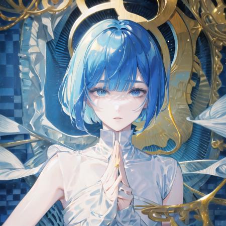 masterpiece, best quality, 1other, short hair, phosphophyllite, blue hair, blue eyes, androgynous, solo, golden arms, bangs, blunt bangs, looking at viewer, gold, white eyes <lora:gem:1>