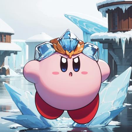 (masterpiece, best quality:1.2)  <lora:KirbyV2:1> kirbycopy,  (solo focus:1.2), (no humans:1.4),  ice kirby, fusion, cosplay, frost surface, serious face, :O