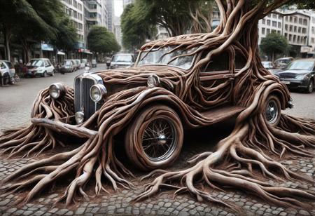 morph-treeroots , vintage car,polished chrome details,classic style design,in city,photography<lora:tree roots_0_100_V1-000008:1>