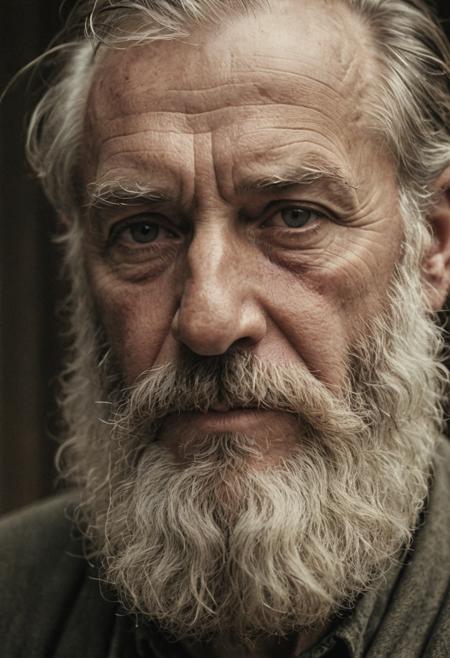 Hanalogital, film highlights, old man with beautiful beard face close-up, realism, epic world, faded film, desaturated, old photo, award winner photo, 35mm photo, grainy, vignette, vintage, lomography, stained, highly detailed, found footage, highly detailed, volumetric, dramatic lighting