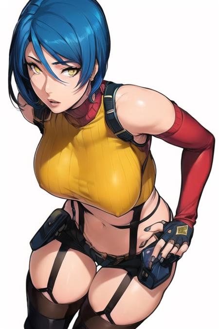 (1girls:1.4), (((solo,
blue hair, gloves, midriff, fingerless gloves, short hair, yellow eyes, thighhighs, navel, holster, garter straps, (black knee high boots),  showing thighs,  red sweater showing shoulders, <lora:Carmen99_TV1:0.5>
)))
(((mature and milf))),  wide hip,
((from back)),
(((sticker with white border))),  ((((basic white background)))),((solo)), (dynamic pose:0.9), photorealistic, (hyperrealistic:1.2), beautiful, masterpiece, best quality, extremely detailed face, perfect lighting,  nsfw,   glowing,   perfect eyes, large eyes, curly eyelashes,  (exited face:1.1) , ((perfect face)),  (((horny))), ((perfect hands)), (perfect hands),