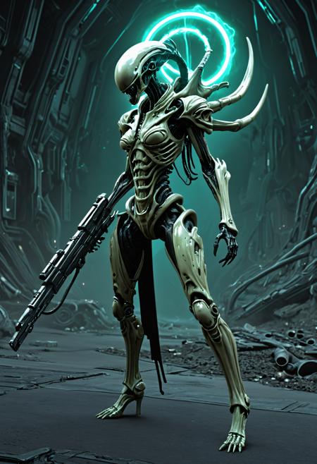 A fully enclosed robed biopunk mechsuit. A merge of a xenomorph, elf princess and spacemarine. The mechsuit is a mix of neon colors and grim moody aesthetic. Dynamic pose seductive pose, holding an enormous scifi laser rifle. Full length image. Background is alien landscape on an alien planet. <lora:EpicF4nta5yXL:0.35> . award-winning, professional, highly detailed . extremely high-resolution details, photographic, realism pushed to extreme, fine texture, incredibly lifelike, high contrast, well defined, <lora:Zariman_PONY:1>