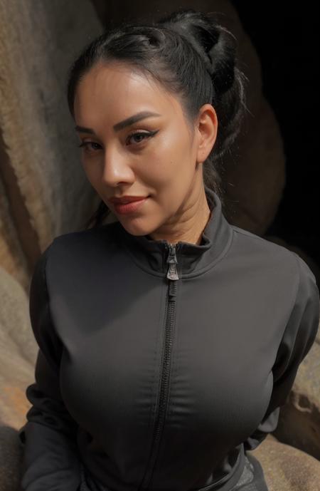 8K, HDR, Queen Rogue, masterpiece, best quality, 1girl, smile, black eyes, makeup, eyeliner, looking at viewer, black hair, closed mouth,  ponytail  hair, background: grand canyon rocks ,solo, upper body, waering a grey jacket and sweat pants,  <lora:Queen Rogue-000006:1>