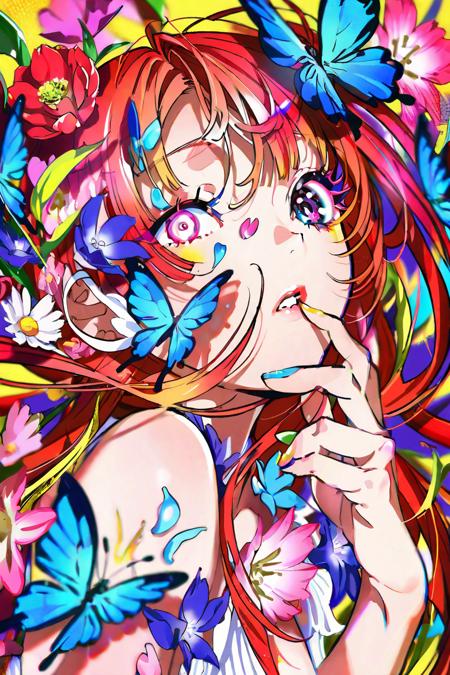 best quality, aesthetic, detailed, by yoneyama mai, colorful, 1girl, solo, upper body, looking at viewer, parted lips, multicolored eyes, pink eyes, one eye covered, flower over eye, eyelashes, long hair, pink hair, red hair, floating hair, multicolored hair, hair flower, hair ornament, bangs, breasts, white dress, dress, bare shoulders, fingernails, nail polish, flower, butterfly, bug, blue butterfly, blue flower, red flower, purple flower, strapless, petals