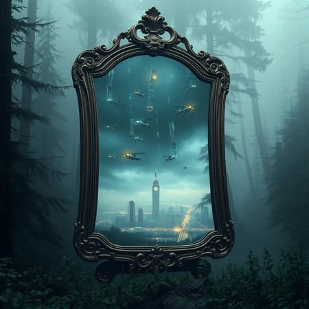 A freestanding, antique mirror sits in a dense, foggy forest, (but instead of reflecting the forest, it shows an entirely different world:1.4). Inside the mirror, a futuristic cityscape with flying vehicles and glowing skyscrapers pulses with life.Hyperrealistic glass textures, intricate alternate realities, and dramatic atmospheric effects.