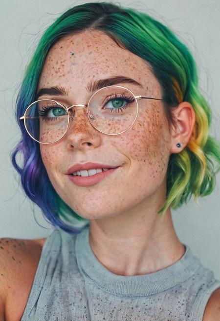 instagram photo, photo of a 28 y.o woman, short intricate hair, rainbow colored hair, green eyes, round glasses, freckles:.5, candy hairpin, mckennagrace, cute face, round face, Perfect detailed eyes, fair skin, wearing top with low neckline, slightsmile:.75, expressionless