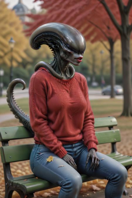 female xenomorph sitting on a green park bench in red sweater and jeans, <lora:xenomorph3:0.8> lips, tail, daylight, autumn leaves, wide shot, cinematic, full body, summer