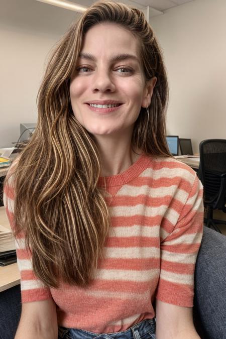 portrait photograph, upper body, red and white striped tee, sweet smile, in the office, soft lighting, (high detailed skin:1.1)
 <lora:0more_details:1> <lora:michelle_monaghan_lora_v01:1> michmon