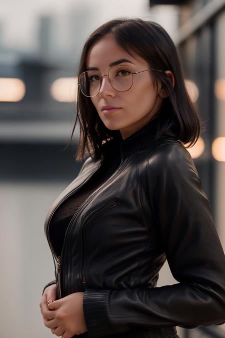 RAW photo of a woman <lora:Agathe-Auproux_Xtroat_V3:1>, (facing us:1.3), glasses, soft light, she wearing a black sweater under a futuristic long leather jacket, bokeh background, 8K, UHD