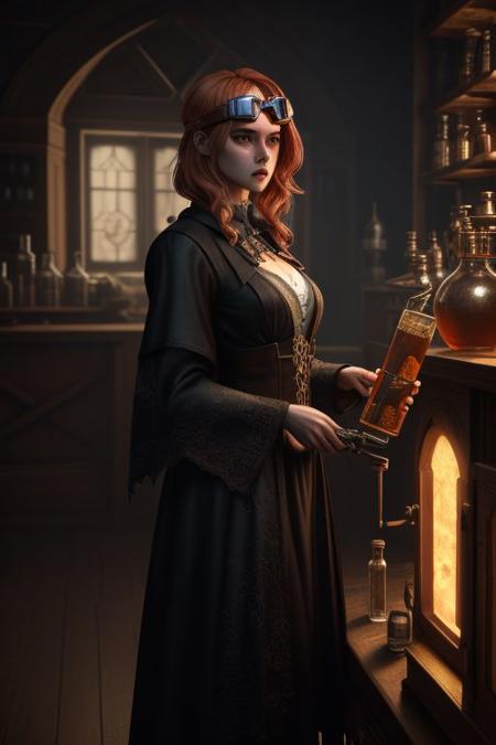 gothic and crazy feminine alchemist brewing hazardous potions in complex scientific instruments, standing in his crowded magic potions shop, she has wild copper color hair and goggles, hyper detailed, surrealism, hyper realistic, extremely complex, gothic, dark, dramatic, hyper realistic, intricate classic art, insanely intricate, masterful, great works of the masters, 8k uhd, octane render, 4k, HDR, dynamic lighting, ultra-detailed, film photography, light leaks, trending on artstation, sharp focus, studio photo, intricate details, highly detailed, by greg rutkowski, ((3d render)), intricately rendered