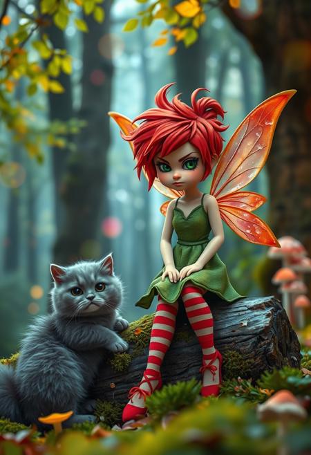 A whimsical fantasy scene featuring a grumpy yet beautiful fairy with vibrant, tousled red hair, dressed in a green dress and red-and-white striped stockings. The fairy has translucent, shimmering wings tinged with orange and pink and sits on a moss-covered log. Beside her is a grumpy, fluffy grey cat. The background is a mystical forest with ethereal light filtering through tall trees, adorned with bright green leaves and glowing mushrooms. Soft, colorful bokeh lights float around, enhancing the magical ambiance. Both fairy and cat have expressive, slightly annoyed facial expressions. The overall color palette includes warm autumn hues, with rich greens, reds, and golds in the foreground, contrasting with the cooler, muted tones of the woodland background.  The scene has a playful yet slightly melancholic feel, combining lively details with soft, dreamlike textures.