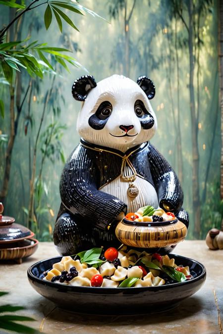 A centrally positioned, cute fluffy panda holding a bamboo Tagine, set against a backdrop of a misty forest. The composition is serene with soft, diffused lighting, evoking an Asian aesthetic.