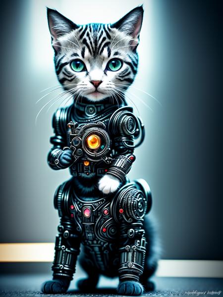 a small cute kitten made out of chromatic metal, (cyborg:1.1), ([tail | detailed wire]:1.3), (intricate details), hdr, (intricate details, hyperdetailed:1.2), cinematic shot, vignette, centered, cyberpunk