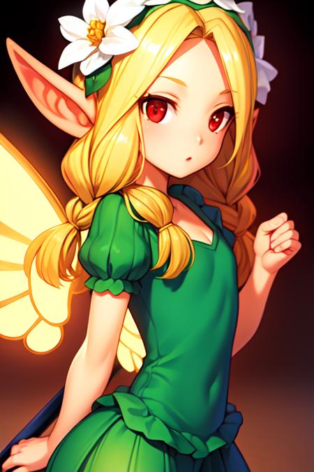 ((extreme detail)),(ultra-detailed),extremely detailed CG unity 8k wallpaper, best quality, masterpiece, <lora:OdinSphereStylev2:0.7>1girl, blonde hair, twin braids,fairy, fairy wings, hair flower, pointy ears, red eyes, spotlight,OdinSphereStyle,