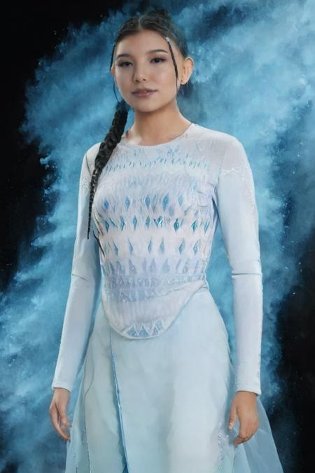 full body shot of katara (Kiawentiio) wearing aht0hallanDr3ss, ice blue color splash, black background <lora:colorSplash:1>  <lora:aht0hallanDr3ss:1> <lora:katara:1> . 35mm photograph, film, bokeh, professional, shot by bruce gilden, 4k, highly detailed