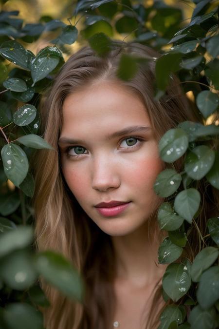 Masterpiece photo,,extremely detailed, amazing, Through the dense tangle of dark green leaves, a single dark blue eye, smile [((blonde fashion model sasha luss)):0.25],(elsa-frzn:1.1),best quality, photorealistic,((full body,<lora:NativeAmericanGirlLoRA:0.45> 1girl, long red hair, native american, white skin)), peers out from the shadows, intense and watchful. The surrounding foliage frames the eye perfectly, with droplets of dew catching the light and adding a sense of mystery to the scene. The pupil contracts slightly, hinting at something lurking behind the leaves, observing in silence. The thick, layered leaves obscure the face, but the sharp focus on the eye adds tension to the moment, as if it's waiting for something—or someone, realism, realsitic, ((soft light, 8k, high resolution))