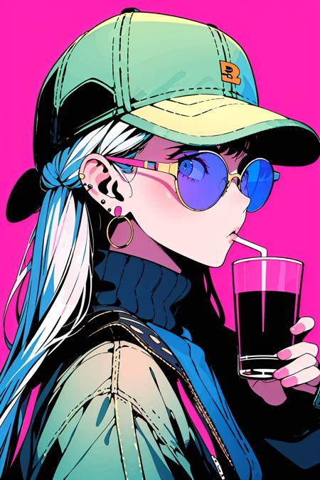 masterpiece,best quality,<lora:Saibogo:0.8>,saibo,1girl,cyberpunk,hat,earrings,glasses,drinking,simple background,magenta background,