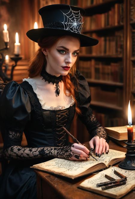 score_9, score_8_up, score_7_up  zPDXL3  (angelic witch) young woman, arabian, green eyes, tan skin, curvy, tan skin, brown eyes, lithe, ginger hair,  wearing Gothic black dress with corset lacing, striped stockings, black stilettos, (Pointed hat with intricate spiderweb lace overlay), gnarled wooden staff adorned with runes or crystals, set in haunted house, Study, Musty chamber with towering bookshelves filled with decaying tomes, a worn leather armchair with stuffing spilling out, a desk cluttered with old letters and ink-stained quills, a flickering oil lamp, and a portrait with eyes that seem to follow your every move , at night  zPDXLrl