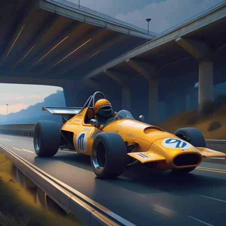 (1mca f1 car 70s:1.2) travels along a motorway passing under an overpass, rz88mkultr4 has crashed over the underpass revealing his internal mechanical suit, by Simon Stalenhag, masterpiece, best quality, anime, highly detailed background, perfect lighting, best quality, 4k, 8k, ultra highres, raw photo in hdr, sharp focus, intricate texture, best quality, 4k, 8k, ultra masterpiece, 4K, high quality, dgtlv2 <lora:mcaf1car70s-000005:1> <lora:21Stalenhag:1> <lora:rz88mkultr4-v1:1>