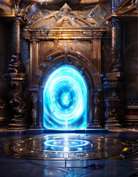 photo realistic canon4d A glowing blue pale river leads to a portal, light dances off the river surface before entering the circular portal a ring of glowing red runes in an ancient language adorn the polished metal surface, mist swirls on the ground an eerie sense of danger swirls in the air <lora:Portals and Gateways  -Portal:0.75>  <lora:Add More Details- High -detail++:0.8>  ripples caustics contrast neon lights dynamic lighting (electronic|industrial:1.2) reflection (distant landscape viewed through a blue window) symmetry intricate designs ceiling artwork decorative edge treasure room , lost technology,  fine Greek marble statues in alcoves either side . (subsurface scattering. bounce lighting,  global illumination:0.5)