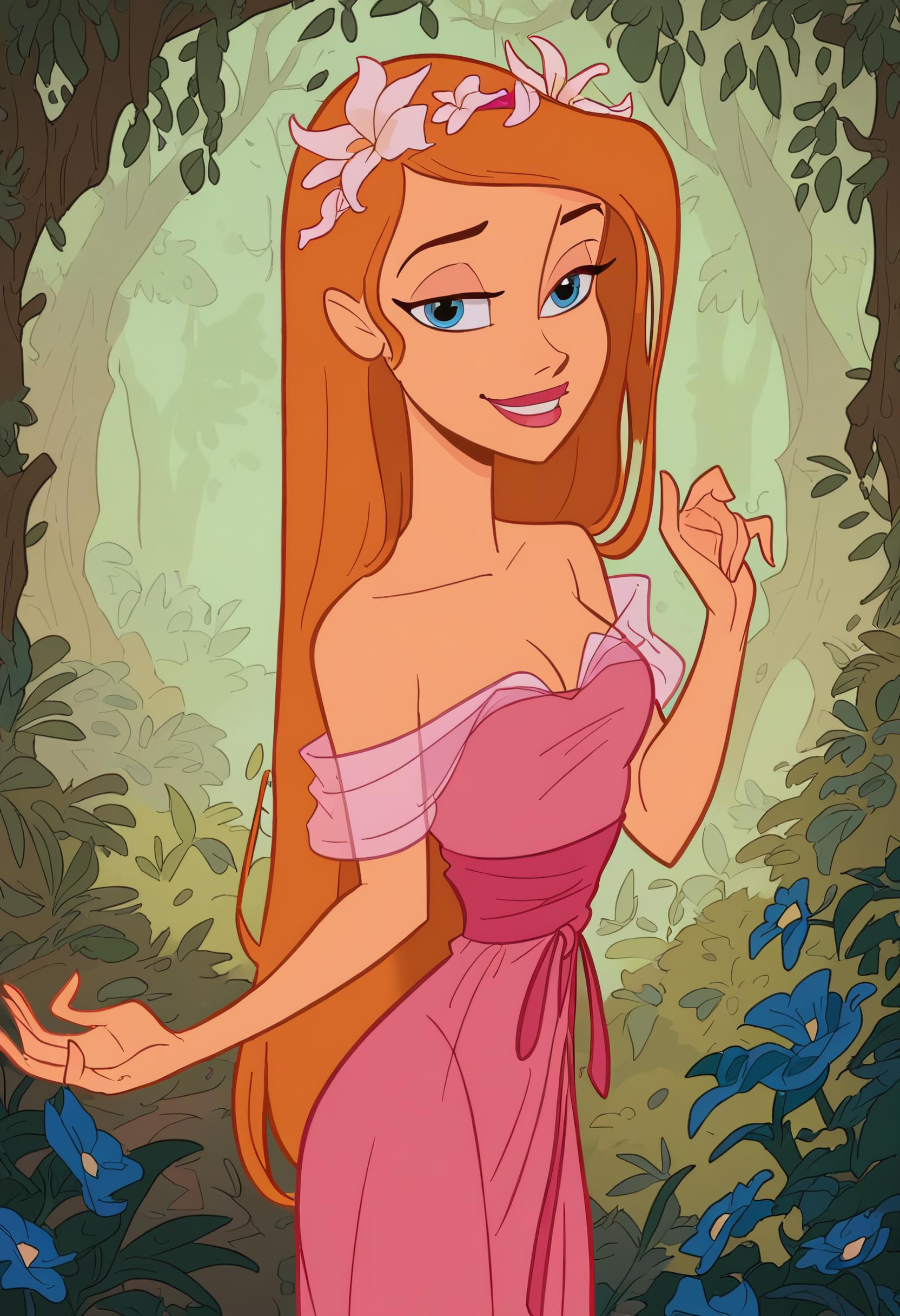 score_9, score_8_up, score_7_up,   giselle_enchanted standing straight looking at the viewer smiling, in a forest, long hair,  blue eyes, cartoon, arms at sides, pretty, cleavage,  1girl,cute cartoony style, tom bancroft style, pink dress, clear ribbons on arms, flowers in hair, cartoony stylized proportions, big head and eyes, slim waist, attractive, sexy, half-lidded eyes