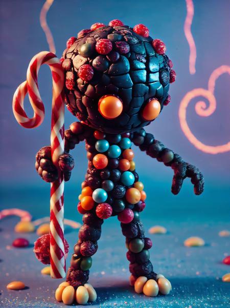 A dark, twisted figure crafted from candy sweets,chrc4nd7, with leathery, cracked skin and flaming pustules, stands against a vibrant, neon azure backdrop, reminiscent of a Guillermo del Toro-esque scene, with warm, golden lighting and deep shadows, evoking a sense of eerie wonder, as if shot on 35mm film with a subtle grain and muted color grading, the figure's sugar cane gleams with a soft, warm glow, its eyes aglow with an inner fire.