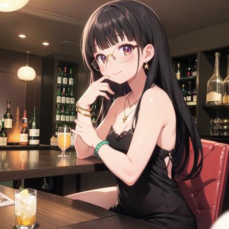 best quality, ultra-detailed, illustration, glasses,
cabaret, scenery, bar (place), indoors, chair, table, light,
1girl, solo, glasses, jewelry, long hair, necklace, smile, black hair, looking at viewer, black dress, sleeveless dress, bracelet, sitting, drinking glass, alcohol, 
 <lora:cabaret_SD15_V1:1>