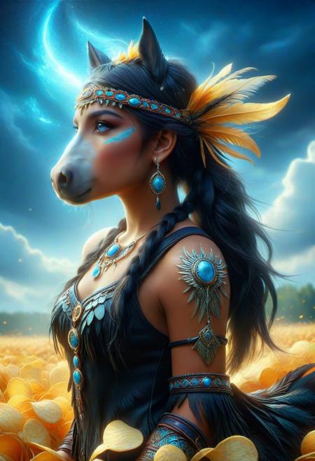 made out of potato chips  
native american, 1girl, sky, braid, riding, cloud, outdoors, solo, long hair, jewelry, dark skin, day, feathers, blue sky, dark-skinned female, field, black hair, horse, saddle, reins, blue eyes, single braid, horseback riding, braided ponytail, animal, looking afar, headband, necklace, tribal, fringe trim, sleeveless, feather hair ornament, armlet, bracelet, facepaint, cloudy sky, earrings, wind, from side, looking ahead,
perspective, light and shadow, religious, mythological themes, magnificent, celestial, ethereal, moody, epic, majestic, magical, rich details, 
intricate details, highly detailed, ultra-detailed, absurdres, vivid, vibrant, volumetric lighting, 
midjourneyv6.1, ais-particlez, 
made out of potato chips