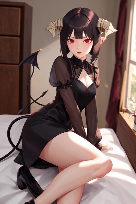 masterpiece, best quality, highres, 1girl horns short hair demon tail <lora:goumon_torture_no_outfit:1> black dress