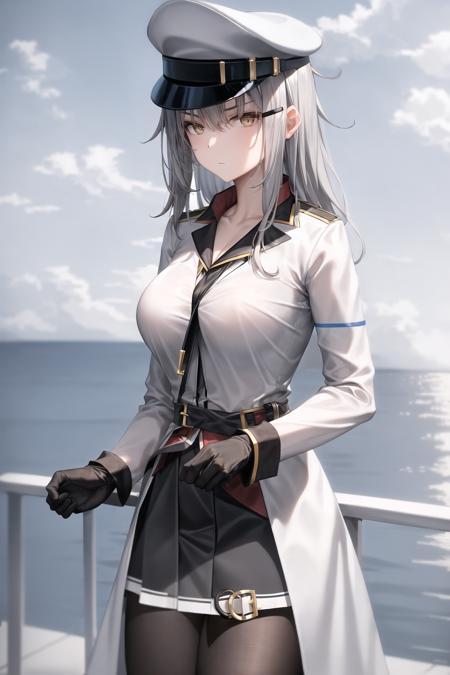 absurdres, 1girl, gangut \(kancolle\), <lora:GangutV5:1>, (default costume:1.15), (large breasts:0.7), white headwear,  expressionless, gloves, (mature female:0.85), outdoors, ocean,