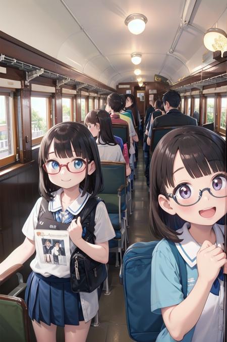 best quality, ultra-detailed, illustration,
oha35, train interior, scenery, chair, indoors, sunlight, window, ceiling, ceiling light, poster (object),
multiple girls, school uniform, black hair, glasses, school bag, smile, laughing, looking at viewer, 
 <lora:JNR_oha35_SD15_V4_DIM4:1>