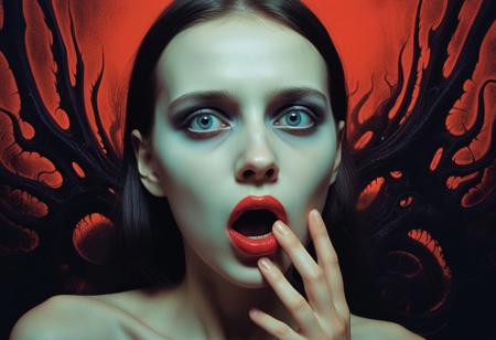 Beautiful cute short very skinny lonely girl, one very lonely girl. Weird hand shoved deep into her mouth, she looking at camera, shock expression, eyes open, Makeup runs down her face, moaning, tears, snot, and sweat. She looks directly into the camera, Inspired by H.R. Giger and Zdzisław Beksiński. Pop art colors and her luminous skin. Bold, graphic shadows twist and writhe around her. Vibrant crimson lips seem to pulse with an otherworldly energy. Deep, ominous darkness surrounds her, punctuated by flashes of bright, surreal color. Haunting charm and eerie feeling emanate from her gaze. pop art colors, bold graphics, Roy Lichtenstein, H.R. Giger, Zdzisław Beksiński, surrealism,