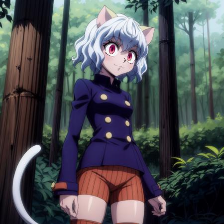 <lora:Neferpitou001:0.6>,<lora:add_detail:1>,<lora:noline:0.3>,solo,:3,
Neferpitou,1girl,red eyes,cat ears,
blue jacket,double-breasted,
(brown shorts:1.2),striped,
(nature:1.2),