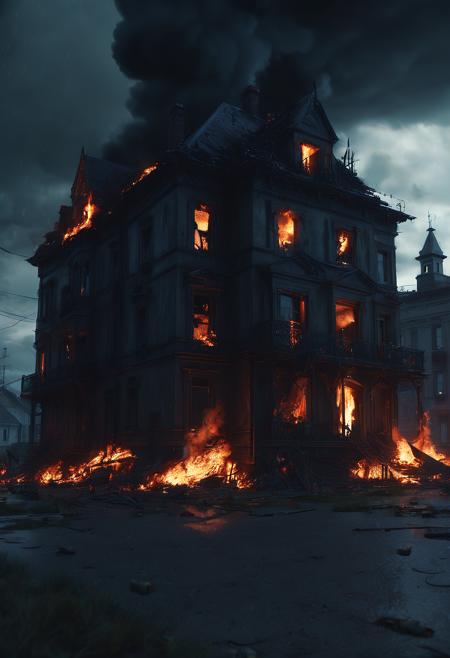 macabre style burning city, burning houses, night, fire, dark clouds, hyper realistic, ambient lighting, concept art, intricate, hyper detailed, tarkovsky greatest scene, smooth, dynamic volumetric lighting, octane, raytrace, cinematic, high quality, high resolution, 4 k, cgsociety, rutkowski, gurney . dark, gothic, grim, haunting, highly detailed