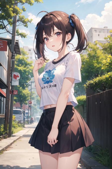 1girl, cowboy shot, standing, park, nature, twintails, t-shirt, skirt, short sleeves, outdoors