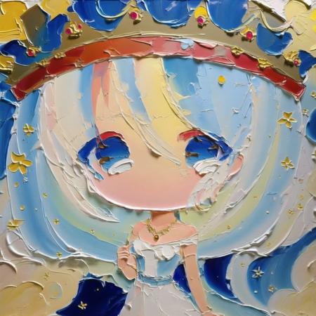 <lora:cute_oil:1>  chibi, cute oil , oil painting \(medium\), brush stroke, 1girl, bare shoulders, blue eyes, brown hair, crown, dress, full body, hand on hip, jewelry, necklace, parted lips, red dress, ring, side slit, solo