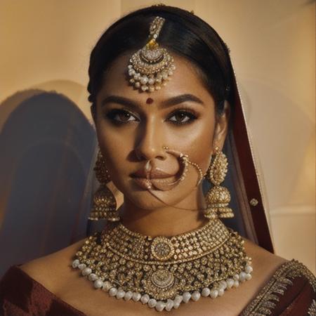 orna, traditional indian jewellery,closeup,indoor, blonde eurpoean lady , symmetric face, perfect jawline, shy eyes,swept-back hairstyle, perfect body, subsurface scattering, oily skin, glossy skin, striking composition, strong and assertive pose, glamour, allure, sharp focus, high-contrast, dramatic lighting, Hasselblad 500C camera, 20mm medium format film  ,<lora:IndianBridalLook-000004:1>, realistic portrait