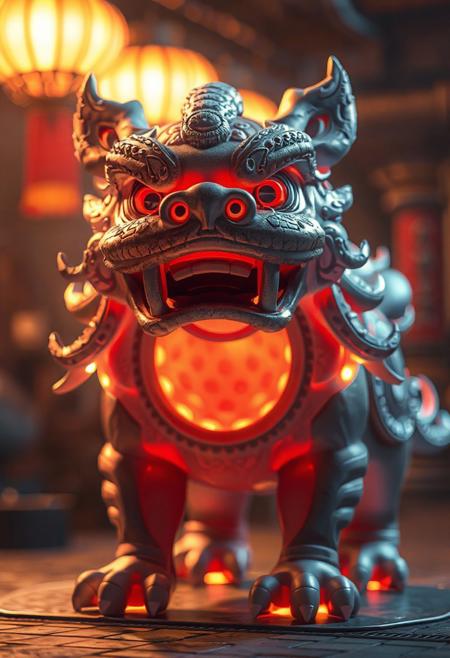 masterpiece, best quality, amazing quality, very aesthetic, high resolution, ultra-detailed, absurdres, newest,  photorealistic details, volumetric lighting, foo dog with a spherical head and no body, large gapping maw, subsurface, glowing with inner light