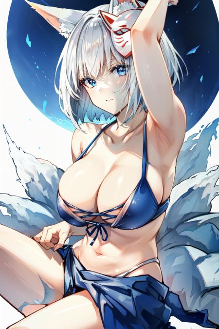 <lora:kaga_everlasting_killing_stone-09:0.8>kaga(everlasting killing stone), arm up, solo, white background, white hair, swimsuit, simple background, navel, blue eyes, fox ears, mask on head, sitting, large breasts, tail, fox girl, short hair, wrist scrunchie, animal ear fluff, multiple tails, blue sarong, sarong, collarbone, cleavage, armpits, fox mask, looking at viewer, mask, blue bikini, fox tail, animal ears, bikini, 1girl, kitsune