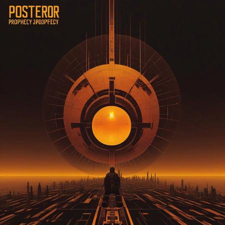 Create a 1990s-inspired artwork titled 'Posterior Prophecy.' text "ZIENER" Album cover for text "Posterior Prophecy". The piece should evoke a sense of futuristic mysticism, blending cyberpunk elements with retro aesthetics. VHS glitch effects, and monochrome colors, yellow and orange. Incorporate elements like geometric shapes, digital grids, and abstract figures or symbols representing the concept of prophecy or foresight. The overall mood should be mysterious and slightly dystopian, with a blend of organic and digital imagery that captures the essence of a 90s vision of the future. incorporate a SMALL glass ball. surreal abstract composition, silkscreened mind-bending illustration, dramatic album art, muted colors.