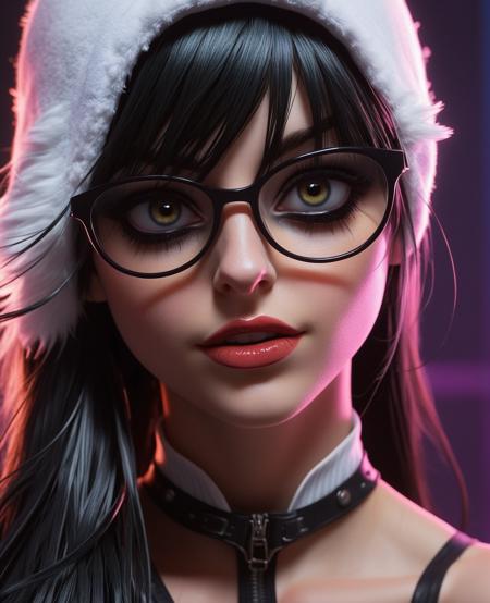1 girl, 30 years old, long black hair, hime cut, perky breasts, cleavage, pretty face, long legs, bright eyes, light freckles, oversized sweaty fur hoodie, black cloth skirt, striped socks up thighs, gothic boots, lustful, smug look, looking at viewer, deep blush, cowgirl position, feminine, leaning forward, dominant woman, spectator with a strap held by a girl, single continuous strap complete with spectator at hand the girl, detailed background, interior, futuristic, neon lights, volumetric lighting, atmospheric lighting, vivid colors, neon, close-up, low angle,