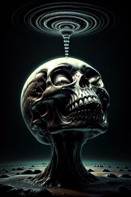 A close-up photorealistic image of a crystal-like floating skull facing dynamic view with its mouth open, pouring from it's mouth a shimmering liquid resembling the universe onto the ground, filled with rich stars and swirling galaxies. A simple void background enhances the dark atmosphere, shrouded in fog, capturing the hypnotic flow and shimmer of the cosmic liquid, form below,