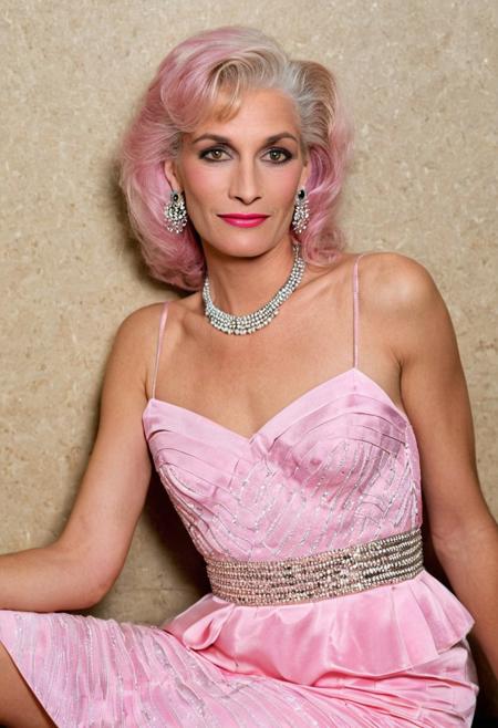 tgbody, 
A highly detailed best quality photography from the (year 1986:1.5) shows Debra, a slim American (mature:1.5) transgender in a contemporary bar room. He leans lasciviously on a stylish chaise longue, half sitting, half lying down and looks at the viewer with a demeaning and arrogant smile on his face. 
The crossdressers androgynous face with (narrow-set) wide open dark eyes, (long heavily crucked nose), (slim lower jaw) and a (underbite) is (odd) but tells the interesting story of a live. The aged skin is wrinkled and shows agespots. The intricate wavy long white hair with (pink highlights) is elaborated. A heavy collar choker adornes the neck. He wears precious jewelry, Creole earrings and bangle bracelets. The decadent and extravagant (1980s style evening dress:1.5) results no cleavage because of a flat male chest.
The room is painted with gold and pink and has a minimalist furnishings in 1980s style. Wall lights create an intimate, subtle lighting atmosphere.